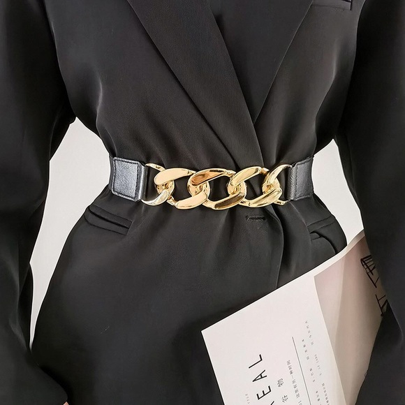 Chunky Black & Gold Metal Elastic Statement Belt - Picture 3 of 4